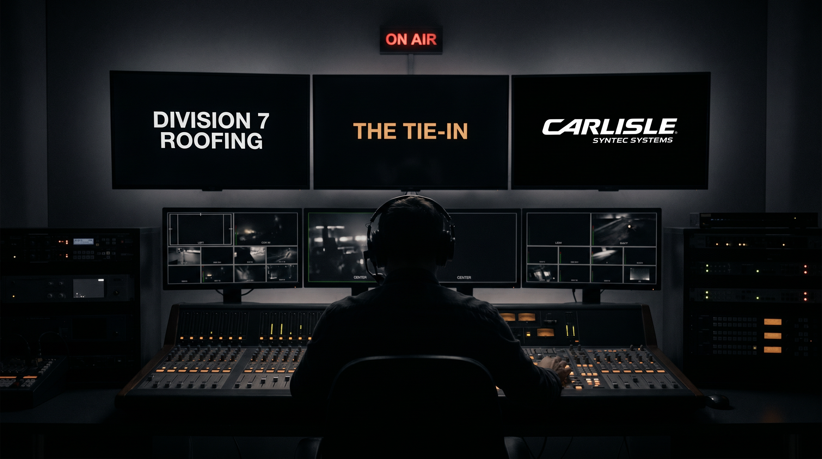 Control room, master control desk with three monitors above