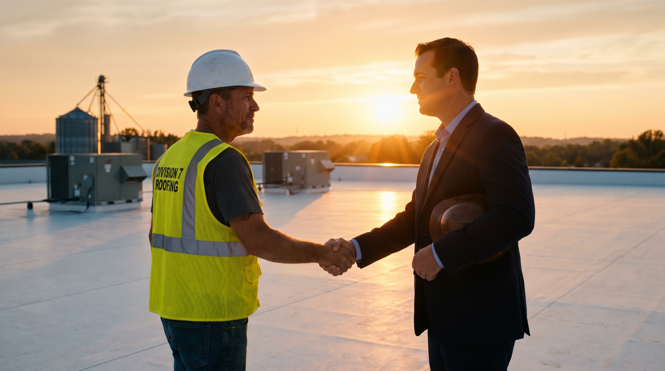 Division 7 crew member shaking hands with a building owner on a finished white roof at sunset